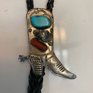 Navajo Sterling Silver Turquoise lariat bolo leather necklace Cowboy Boot